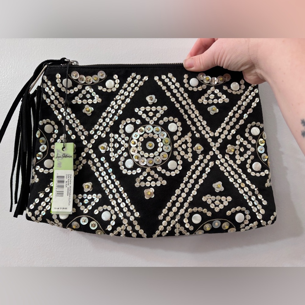 Sam Edelman Black Clutch with Silver and Seashell Embellishments NWT